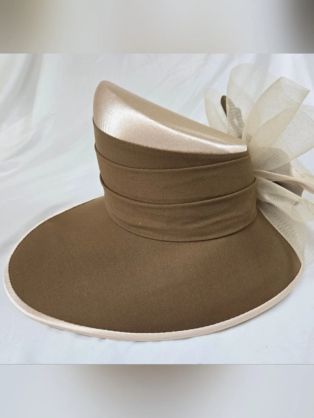 Moshita Couture Women’s Church Derby Hat Beige Brown Satin Bow Formal Hat OS